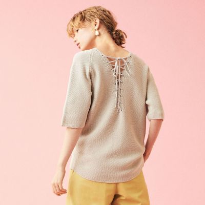 コットンポリエステルモスステッチ　バックレースアッププルオーバー