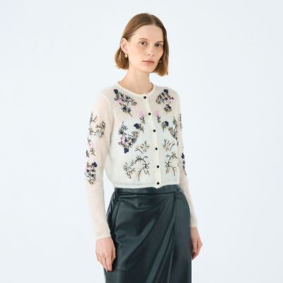 Chiffon Embroidery Frillショートカーディガン 新品 サックス ハート編みショートカーディガン | フォーエル公式通販