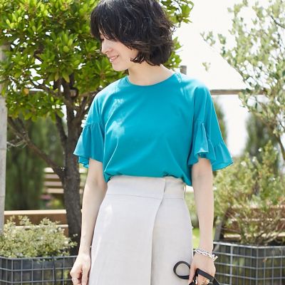 コットンシルクコンビ　フリルスリーブプルオーバー
