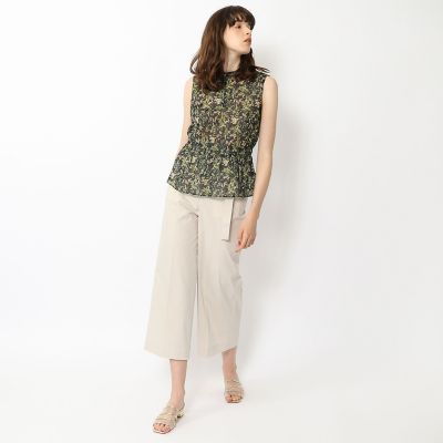 コットンポリスエステルワッシャー　ベルテッドクロップドパンツ