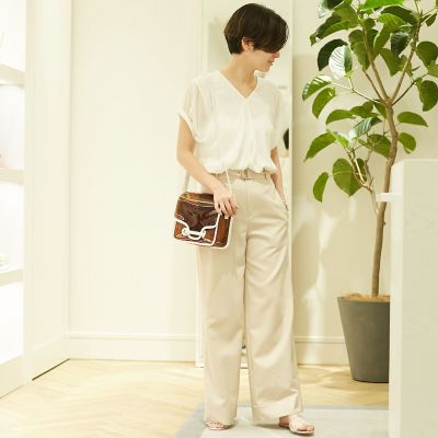 シャンブレーツイル　ベルテッドワイドパンツ