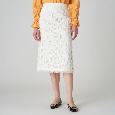 【SALE】トゥモローランド モザイクモチーフエンブロイダリー Iラインミディスカート 11ホワイト ひざ丈スカート