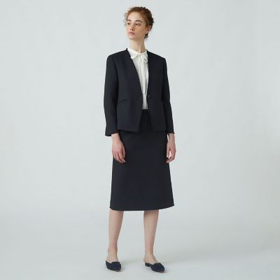 リングツイードタイトスカート フェイクポケット＆パール飾り釦付きテープミックスツイード