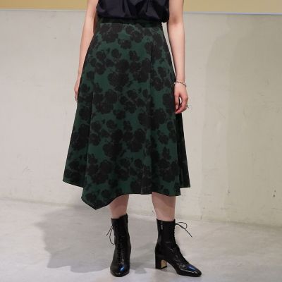 シャドーフラワープリント アシンメトリーサーキュラースカート