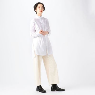 コットンナイロンストレッチ　フリルネックチュニックシャツ