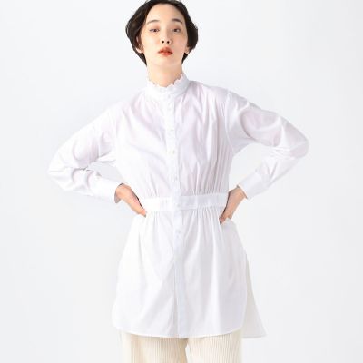 コットンナイロンストレッチ　フリルネックチュニックシャツ