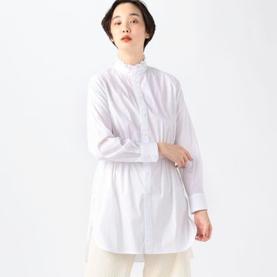コットンナイロンストレッチ　フリルネックチュニックシャツ