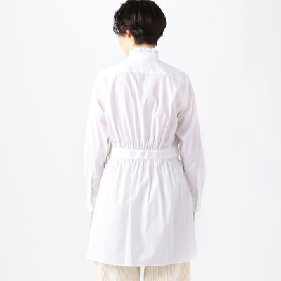 コットンナイロンストレッチ　フリルネックチュニックシャツ