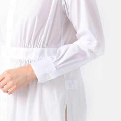 コットンナイロンストレッチ　フリルネックチュニックシャツ