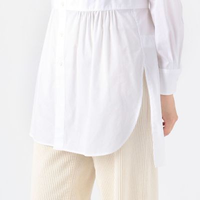 コットンナイロンストレッチ　フリルネックチュニックシャツ