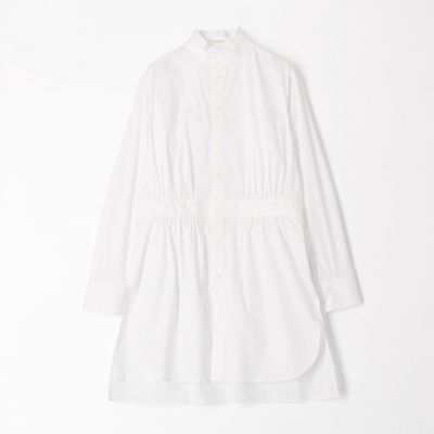コットンナイロンストレッチ　フリルネックチュニックシャツ