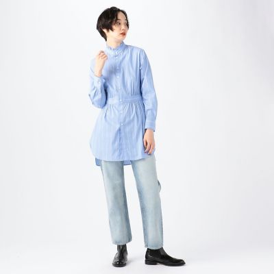 コットンナイロンストレッチ　フリルネックチュニックシャツ