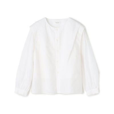 コットンリネンソリッド　ノーカラーシャツ