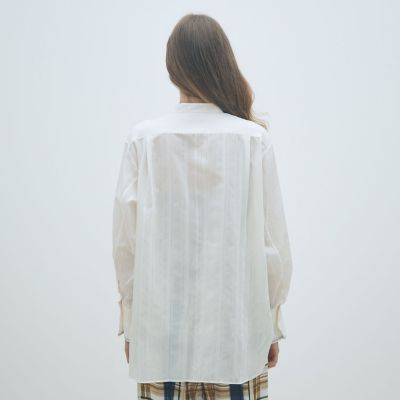 TOMORROWLAND(トゥモローランド) チュニック サイズ36 S レディース美品  - 白×グリーン レギュラーカラー/長袖/ストライプ/MACPHEEコラボ MACPHEE（マカフィー） ブラウス シャツ ドビーストライプ チュニック
