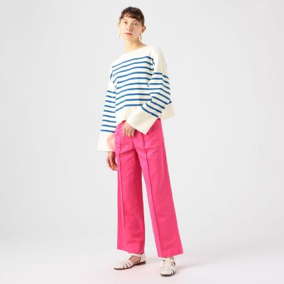 コットンポリエステルパネルボーダー　ボートネックプルオーバー
