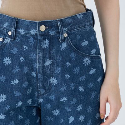 フラワーレーザー　プリントデニム　フレアパンツ