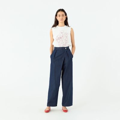 コットンセルロースデニム　アシンメトリータックパンツ