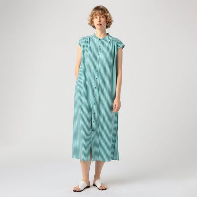 ポリエステルコットンストライプ バンドカラーシャツワンピース