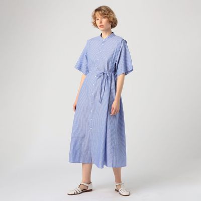 コットンリネンソリッド スタンドカラーシャツワンピース