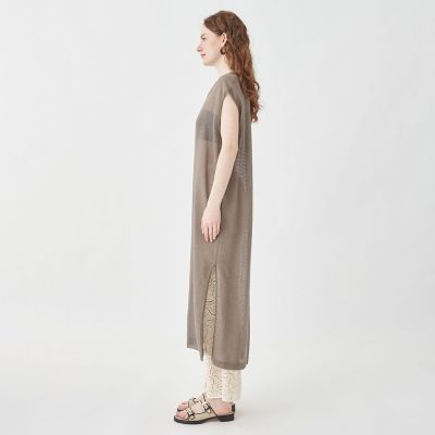 コットンポリエステルメッシュ　キーネックワンピース