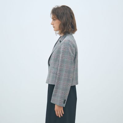 グレー チェック柄 シングルブレストジャケット ライトウールチェックシングルブレストジャケット | maison
