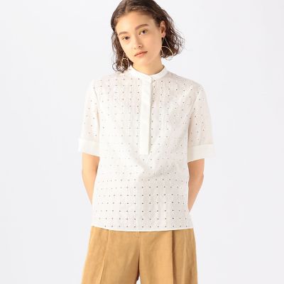 コットンスクエアエンブロイダリー　スタンドネックブラウス