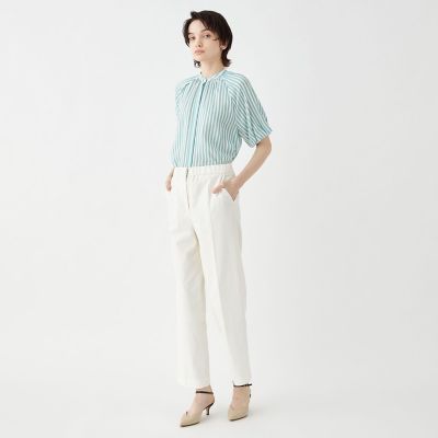 リネンストレッチ　ウエストギャザーストレートパンツ