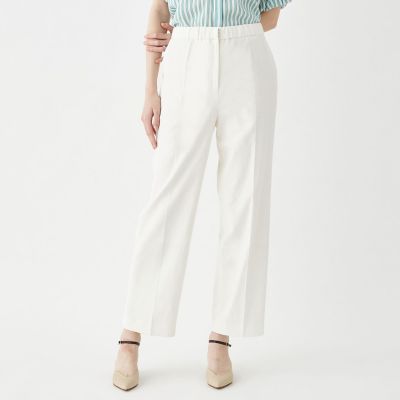 リネンストレッチ　ウエストギャザーストレートパンツ