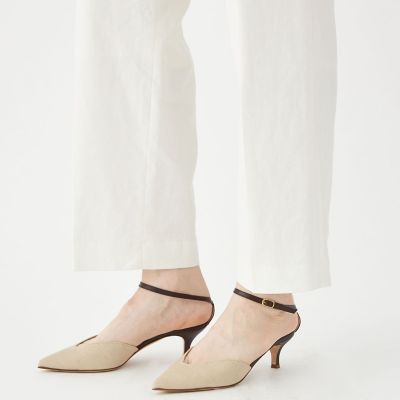 リネンストレッチ　ウエストギャザーストレートパンツ