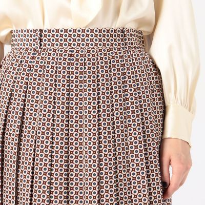 FUZZYKONサンドブラウン／レトロ紋様プリント ダブルメッシュミディスカート FUZZYKONサンドブラウン／レトロ紋様プリント ダブルメッシュミディ