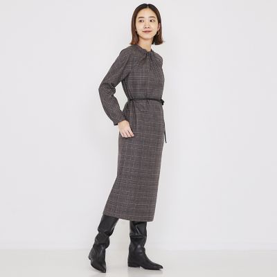 ウールカラーグレンチェックオーバープレイド　ネックタックワンピース