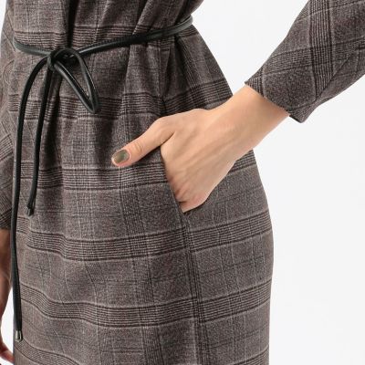 ウールカラーグレンチェックオーバープレイド　ネックタックワンピース