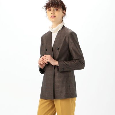 グレンチェックジャージー　ダブルブレストノーカラージャケット