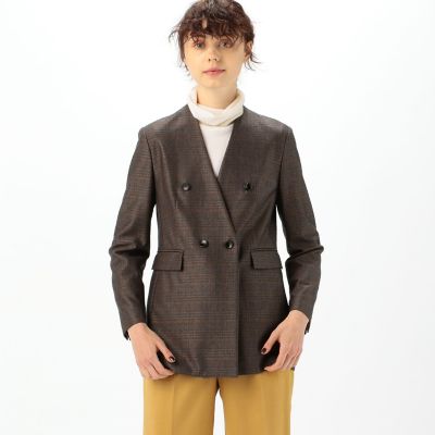 グレンチェックジャージー　ダブルブレストノーカラージャケット