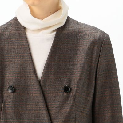 グレンチェックジャージー　ダブルブレストノーカラージャケット