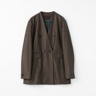 グレンチェックジャージー　ダブルブレストノーカラージャケット