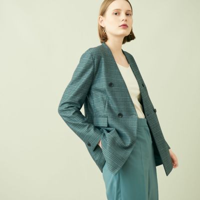グレンチェックジャージー　ダブルブレストノーカラージャケット