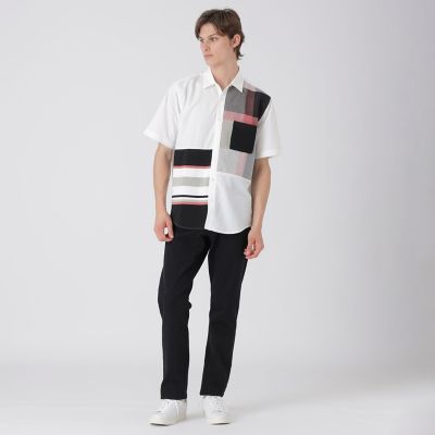 【新品】ブラックレーベルクレストブリッジ　シャツ　LL　べ　バーバリー　320 パネルチェックハイブリッドハーフスリーブシャツ | BLACK LABEL