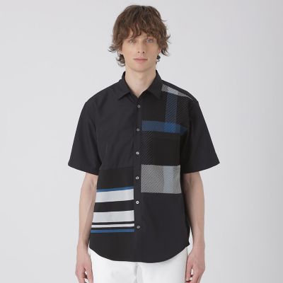 パネルチェックハイブリッドハーフスリーブシャツ | BLACK LABEL