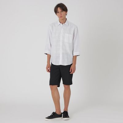 シャドーチェックリネンスリークォーターシャツ | BLACK LABEL