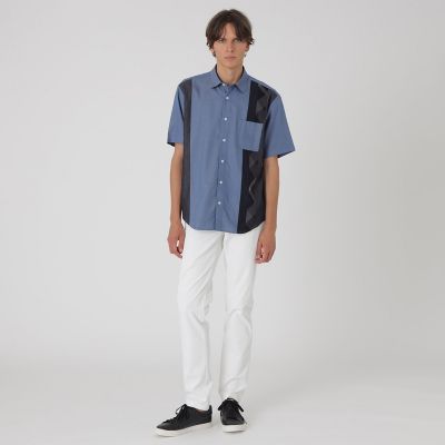 一部店舗限定】ストライプパッチワークハーフスリーブシャツ | BLACK