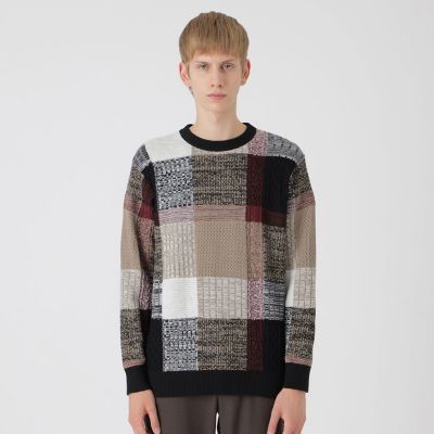 テクスチャーミックスクレストブリッジチェックニット | BLACK LABEL