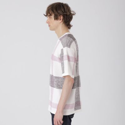 テクスチャーミックスクレストブリッジチェックニットTシャツ | BLACK
