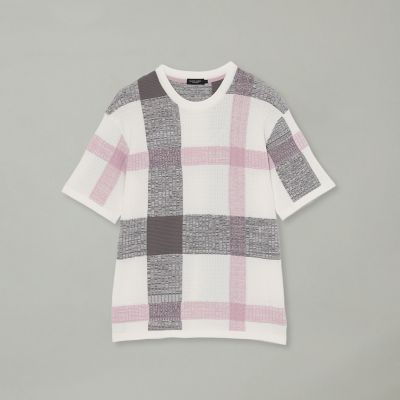 テクスチャーミックスクレストブリッジチェックニットTシャツ | BLACK