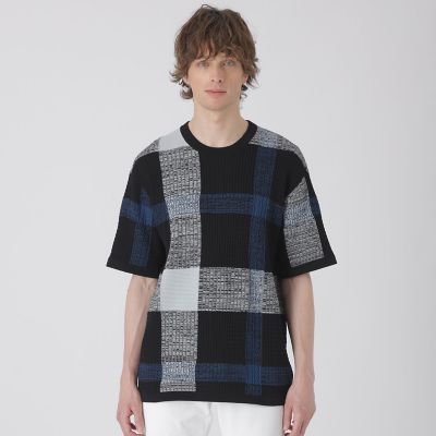 テクスチャーミックスクレストブリッジチェックニットTシャツ | BLACK