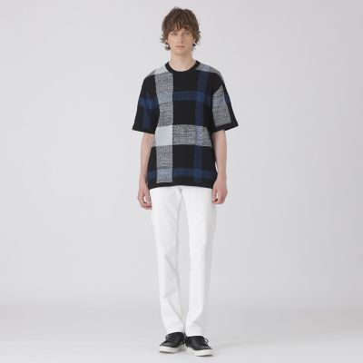 テクスチャーミックスクレストブリッジチェックニットTシャツ | BLACK