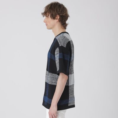 美品　ブラックレーベルクレストブリッジ チェック柄 薄手ニット L 三陽商会 テクスチャーミックスクレストブリッジチェックニットTシャツ | BLACK