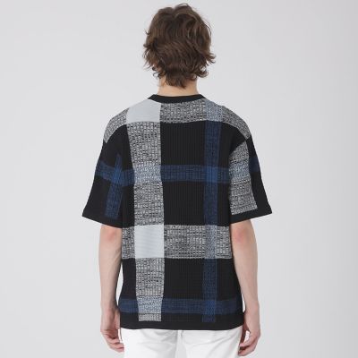 テクスチャーミックスクレストブリッジチェックニットTシャツ | BLACK