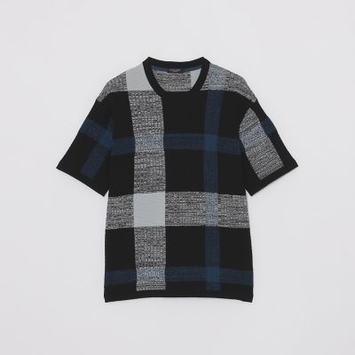 テクスチャーミックスクレストブリッジチェックニットTシャツ | BLACK