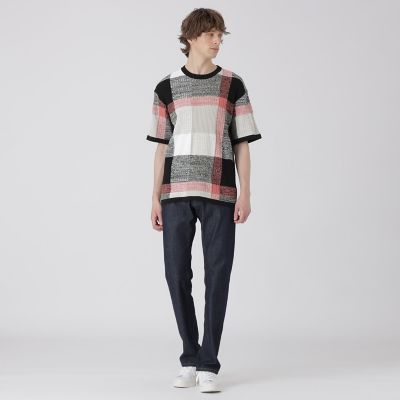 テクスチャーミックスクレストブリッジチェックニットTシャツ | BLACK